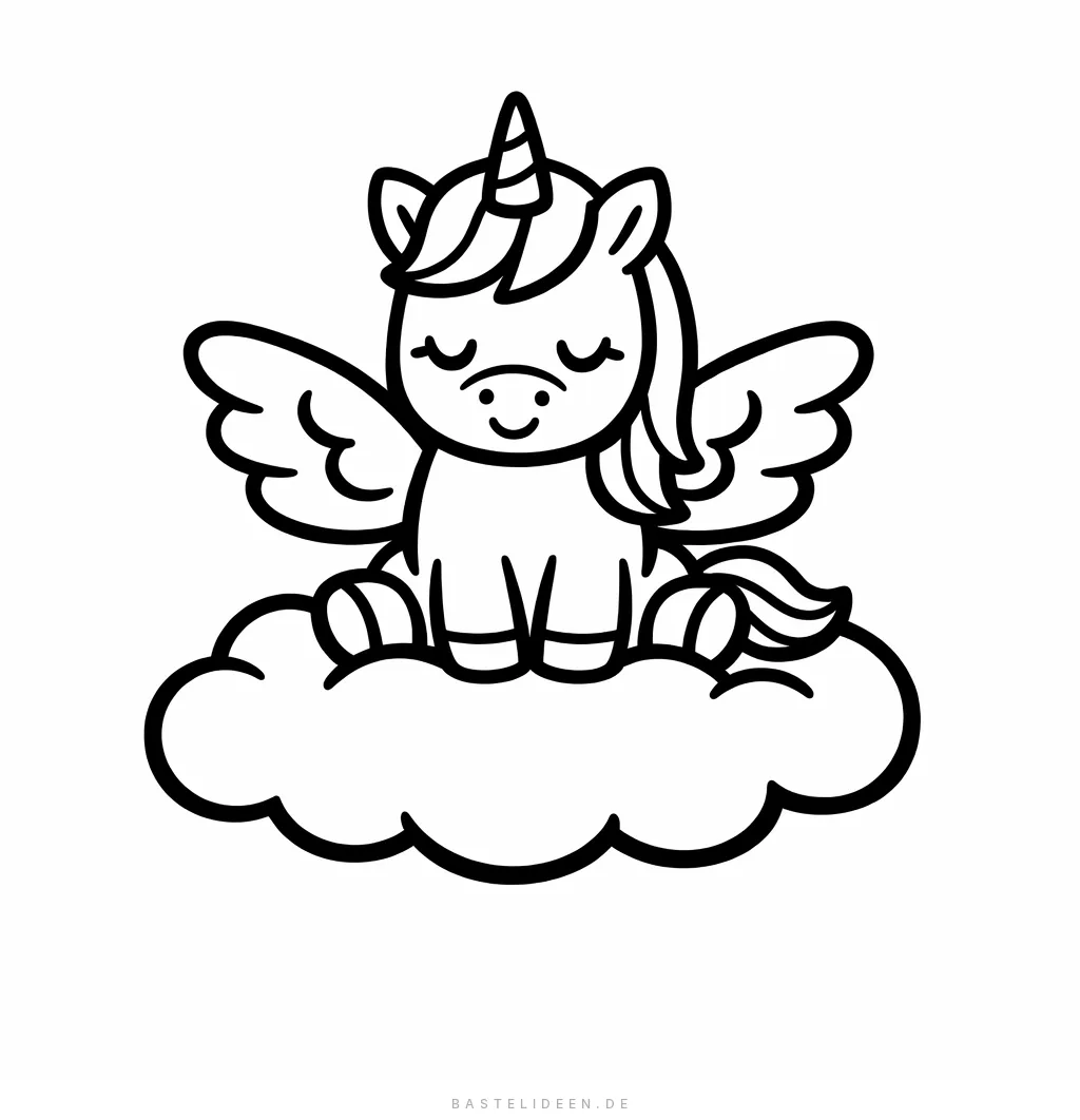 Einhorn mit Flügeln sitzt auf einer flauschigen Wolke