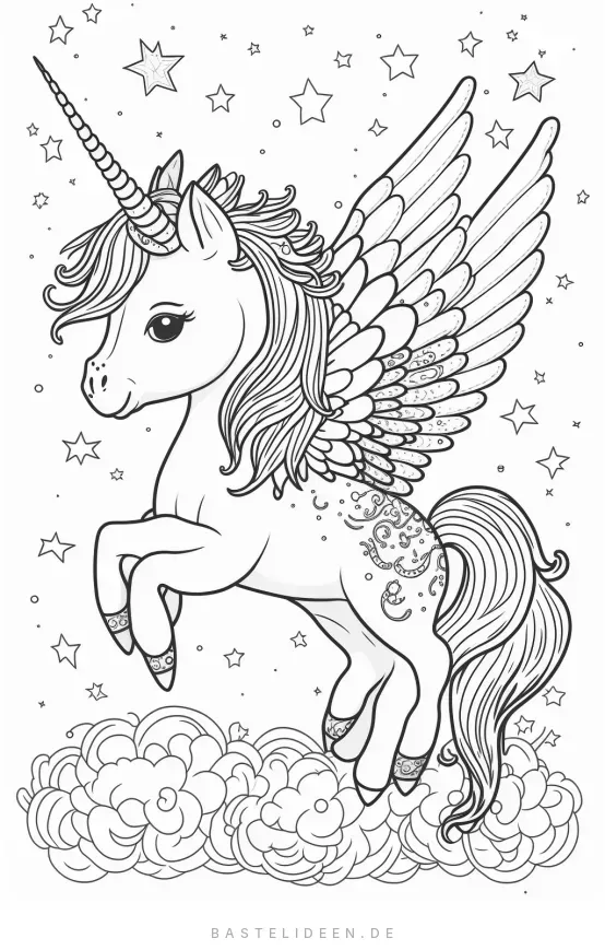 Einhorn mit Flügeln zwischen Wolken und Sternen