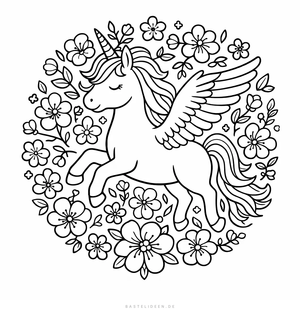 Geflügeltes Einhorn umgeben von wunderschönen Blüten