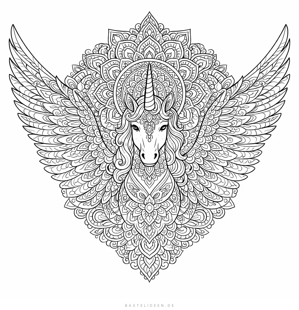 Kunstvolles Mandala-Muster mit geflügeltem Einhorn und symmetrischen Details