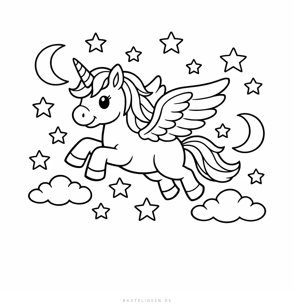 Einhorn mit Flügeln fliegt durch Sternenhimmel