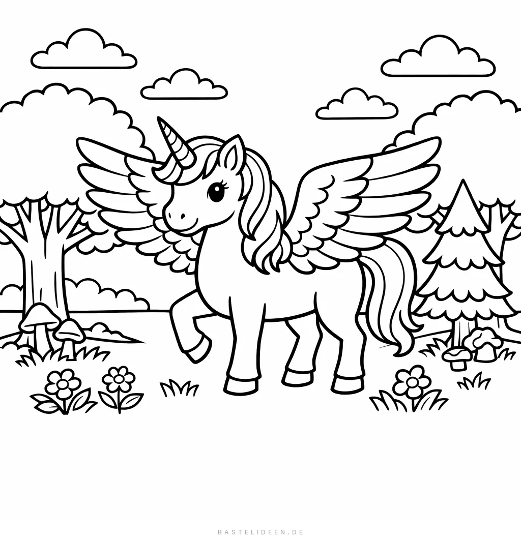 Pegasus-Einhorn mit Flügeln im verwunschenen Wald mit Bäumen