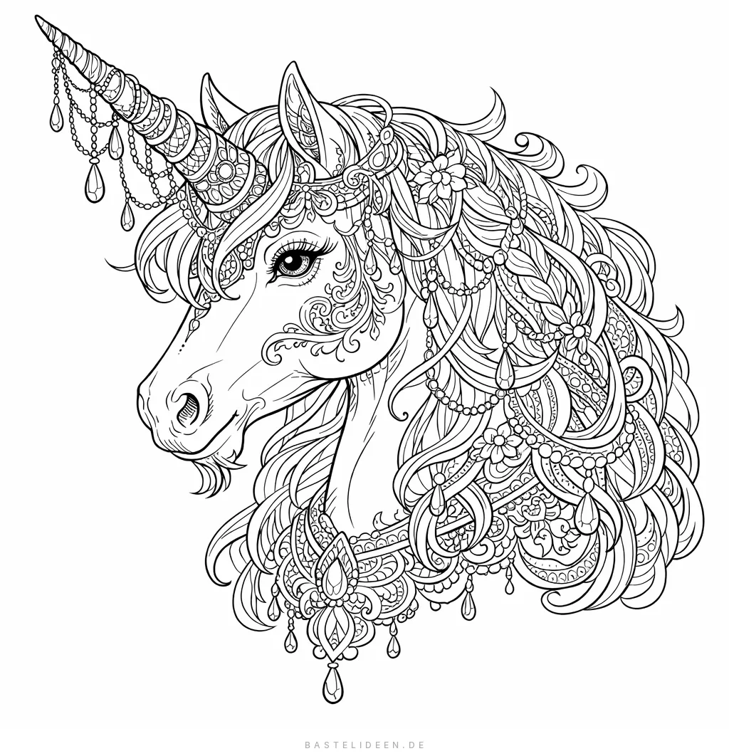 Detailliertes Einhornportrait mit ornamentaler Mähne und verziertem Horn