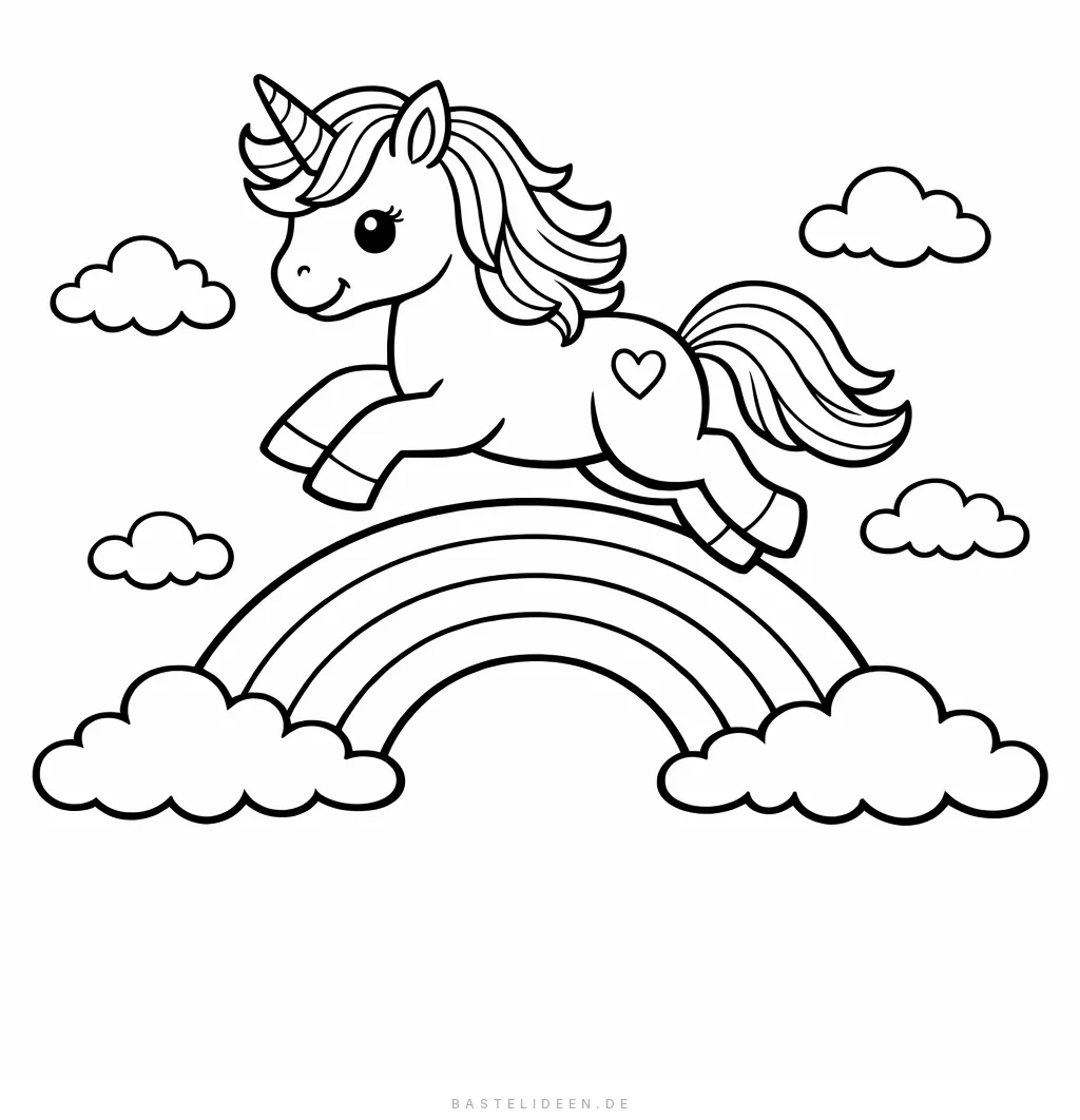 Einhorn springt über Regenbogen mit Wolken und Herz