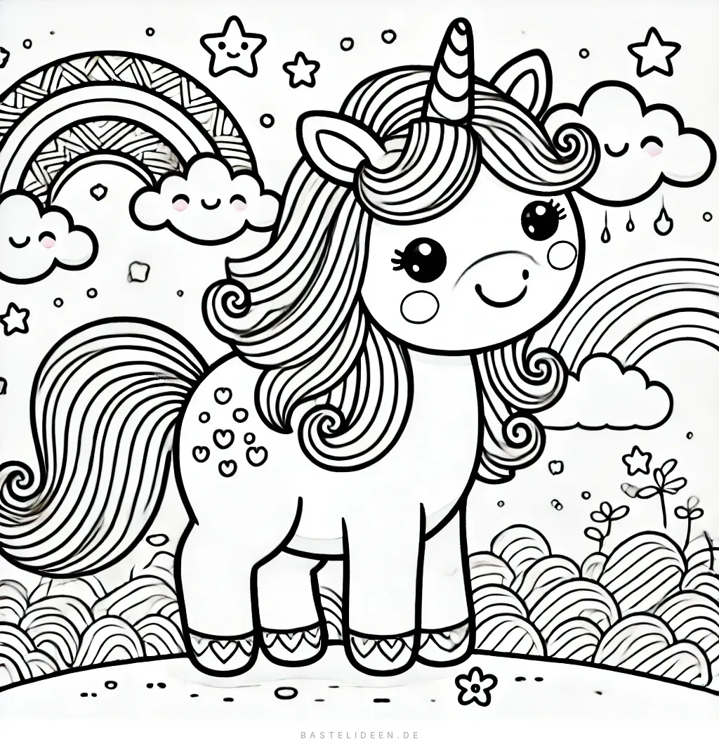 Fröhliches Einhorn mit Wolken und Herzen