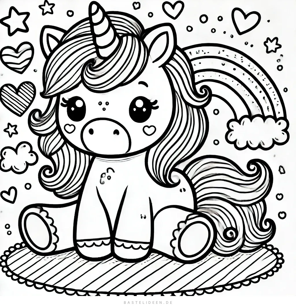Sitzendes Einhorn mit Regenbogen und Herzen