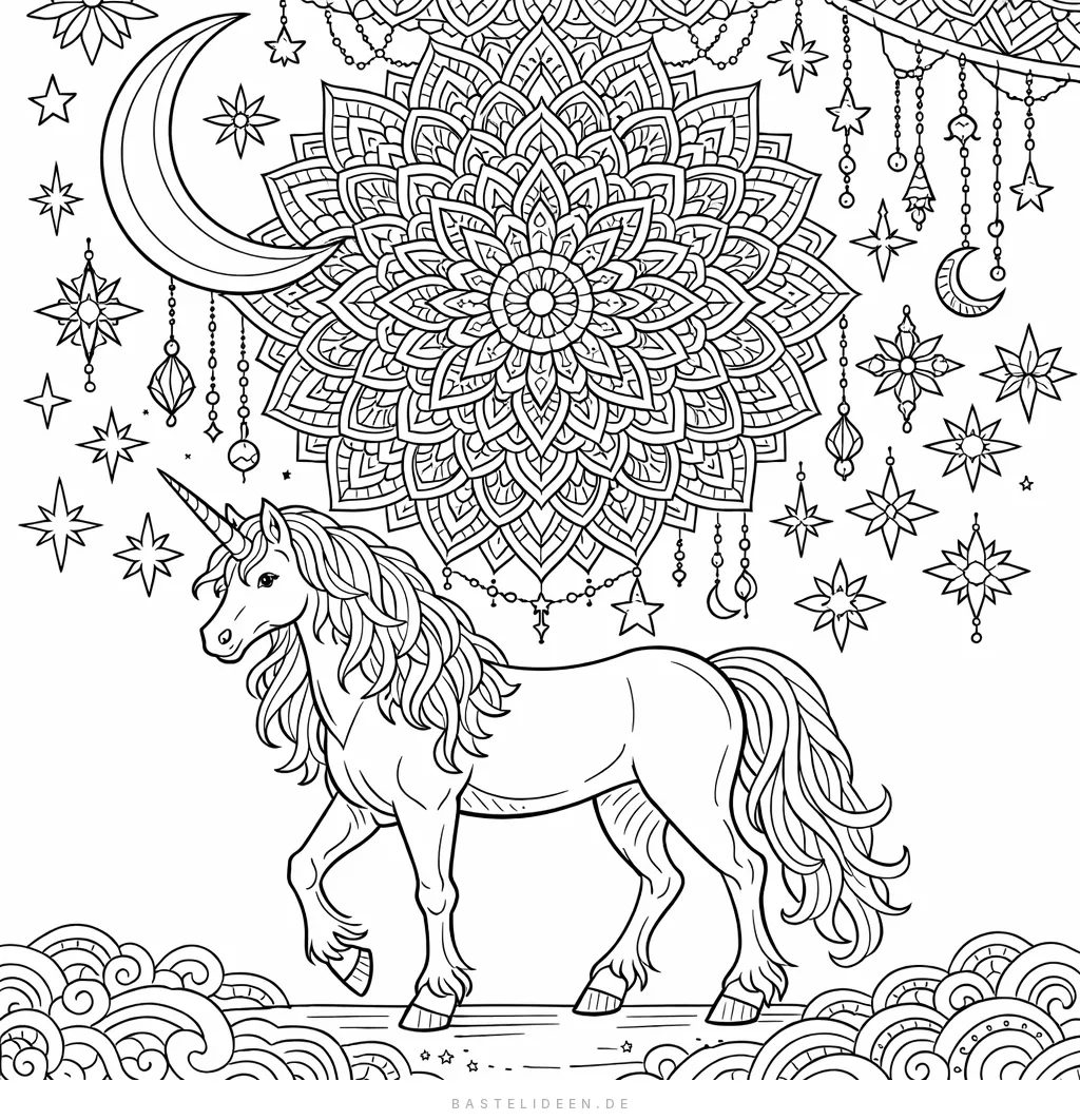 Einhorn unter großem Sternenmandala mit Mond und Wolken