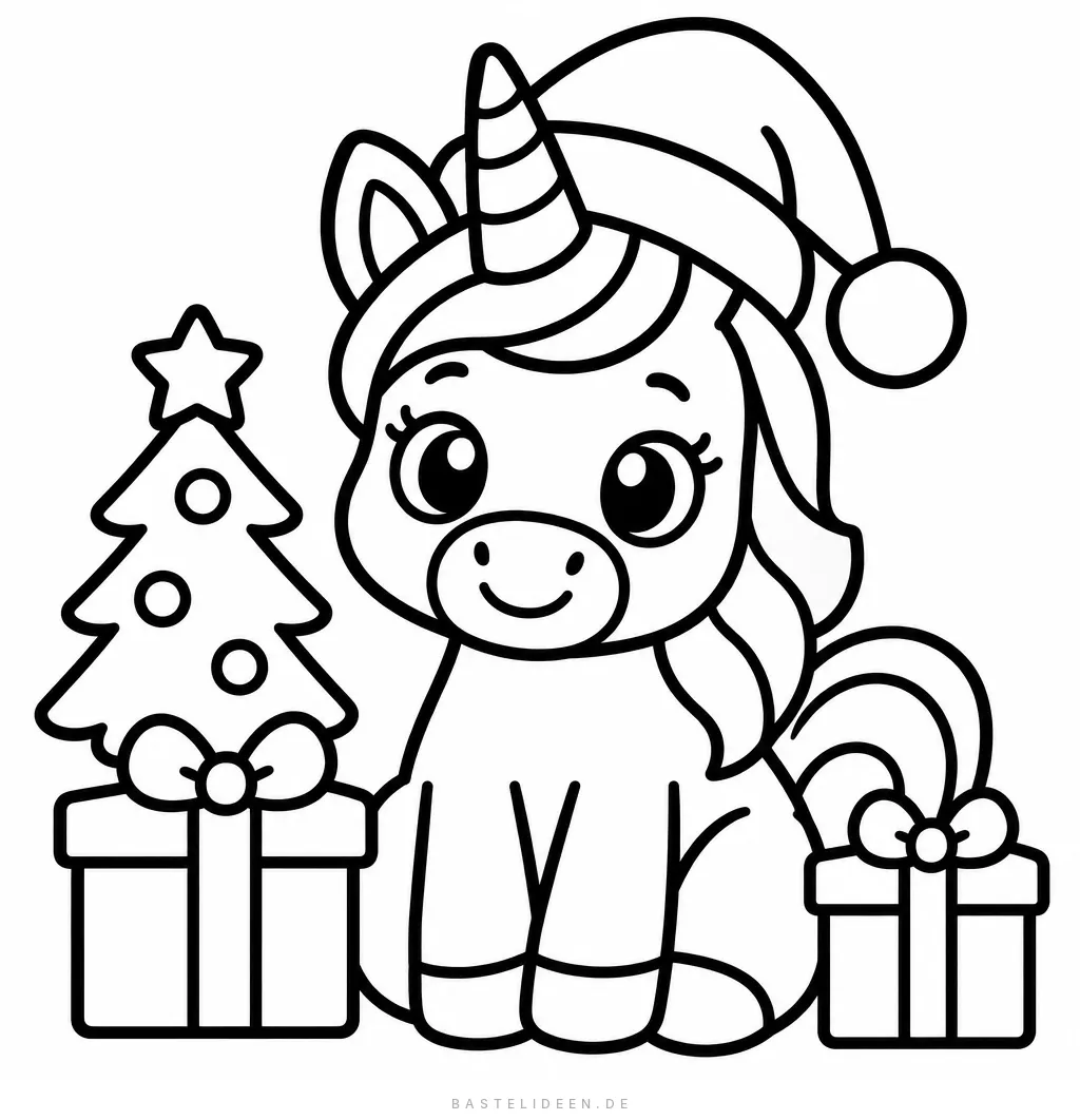 Einhorn mit Weihnachtsmütze zwischen Geschenken und kleinem Tannenbaum