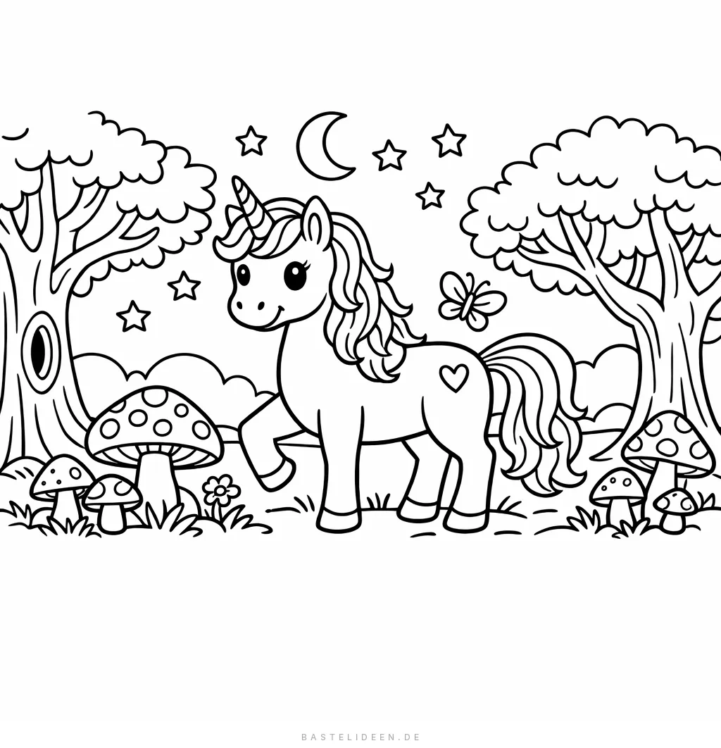 Einhorn im magischen Wald mit Bäumen, Pilzen und Sternen