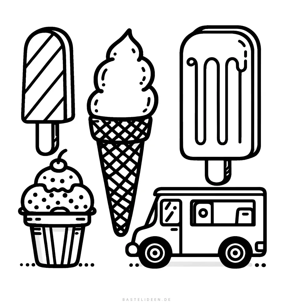 Eiswagen mit Waffeln, Eis am Stiel und Eisbecher