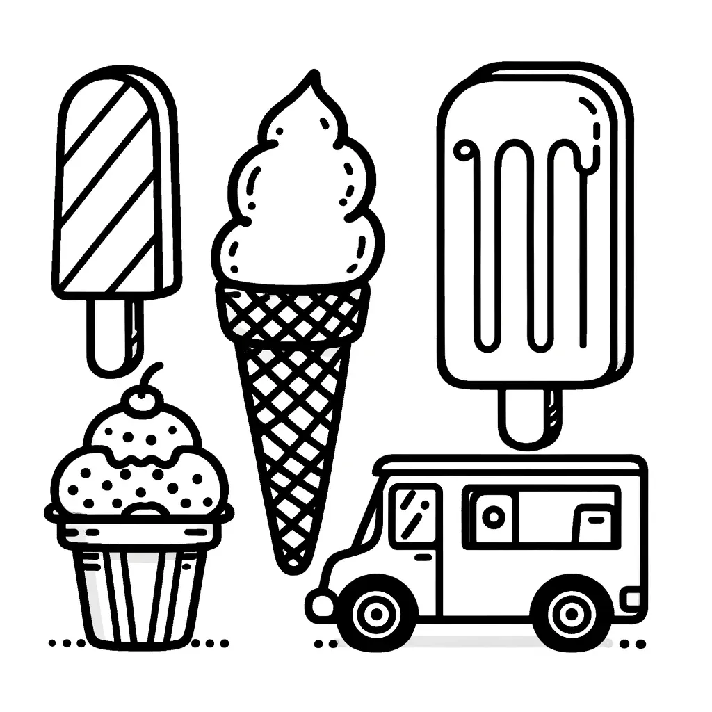 Eiswagen mit Waffeln, Eis am Stiel und Eisbecher