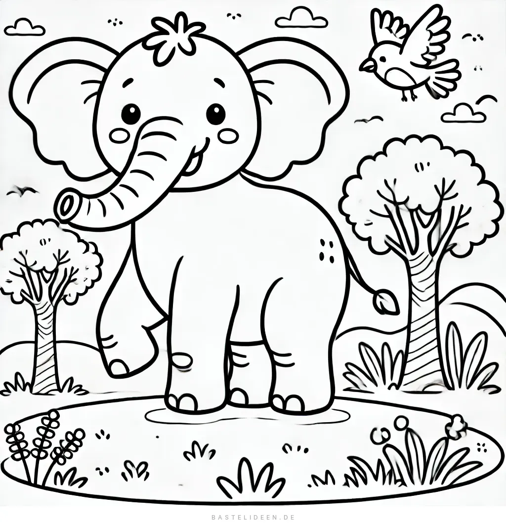 Elefant umgeben von tropischen Pflanzen und Blumen