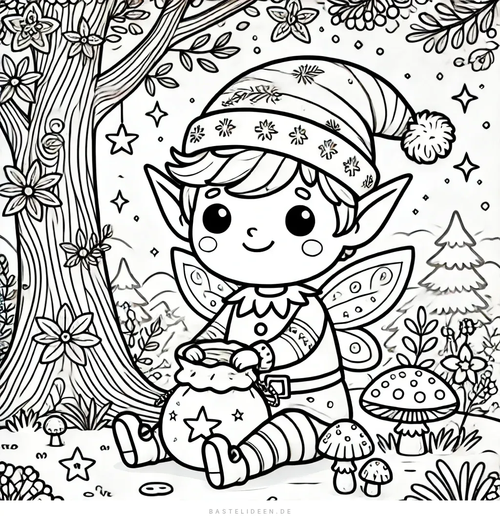 Charmanter Elf sitzt unter magischem Baum