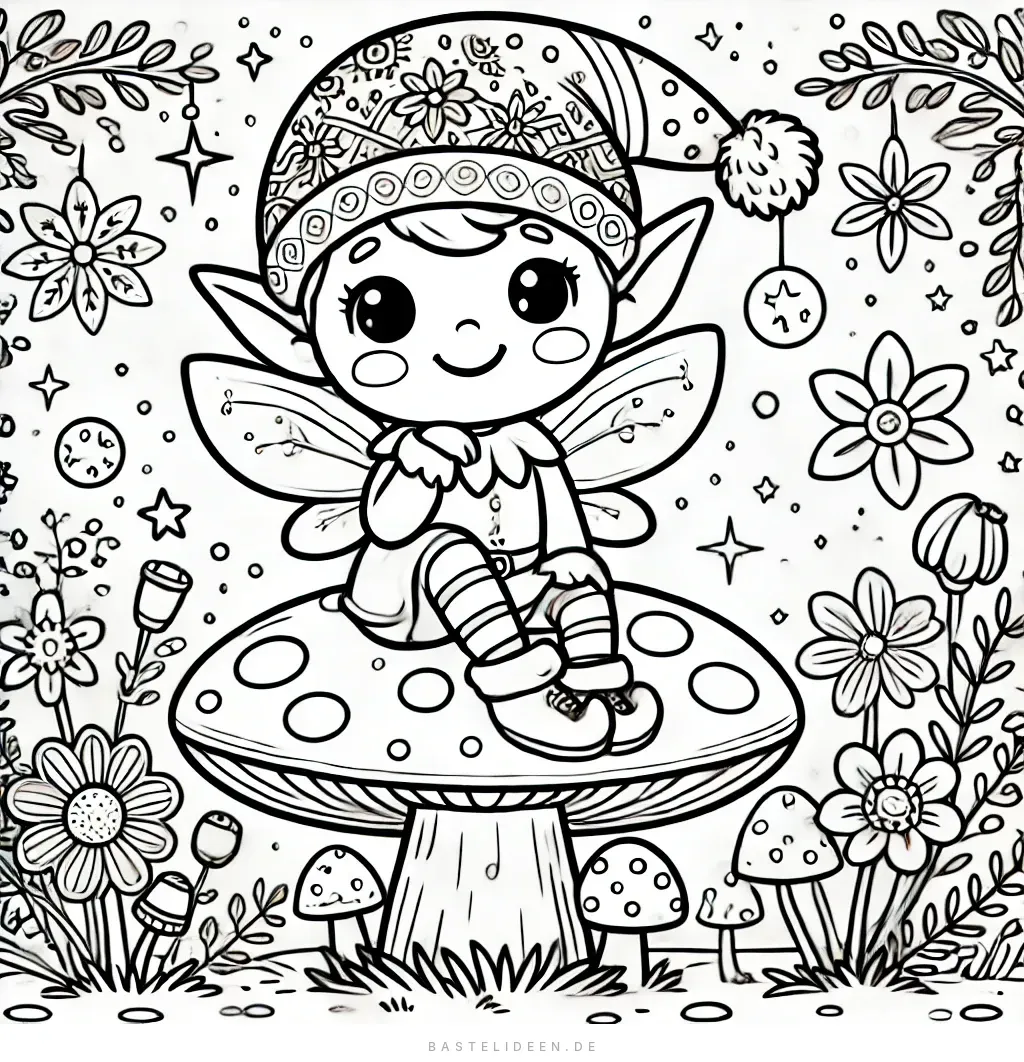 Fröhlicher Elf sitzt auf gepunktetem Pilz