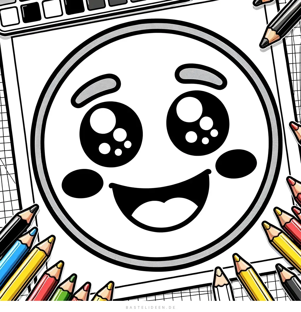Fröhliches Emoji mit großen Augen und Buntstiften