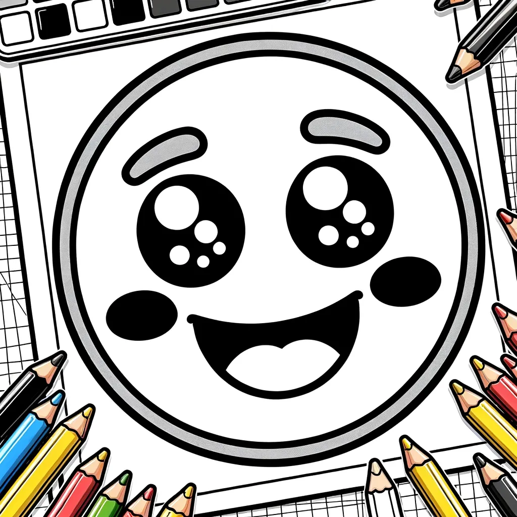 Fröhliches Emoji mit großen Augen und Buntstiften