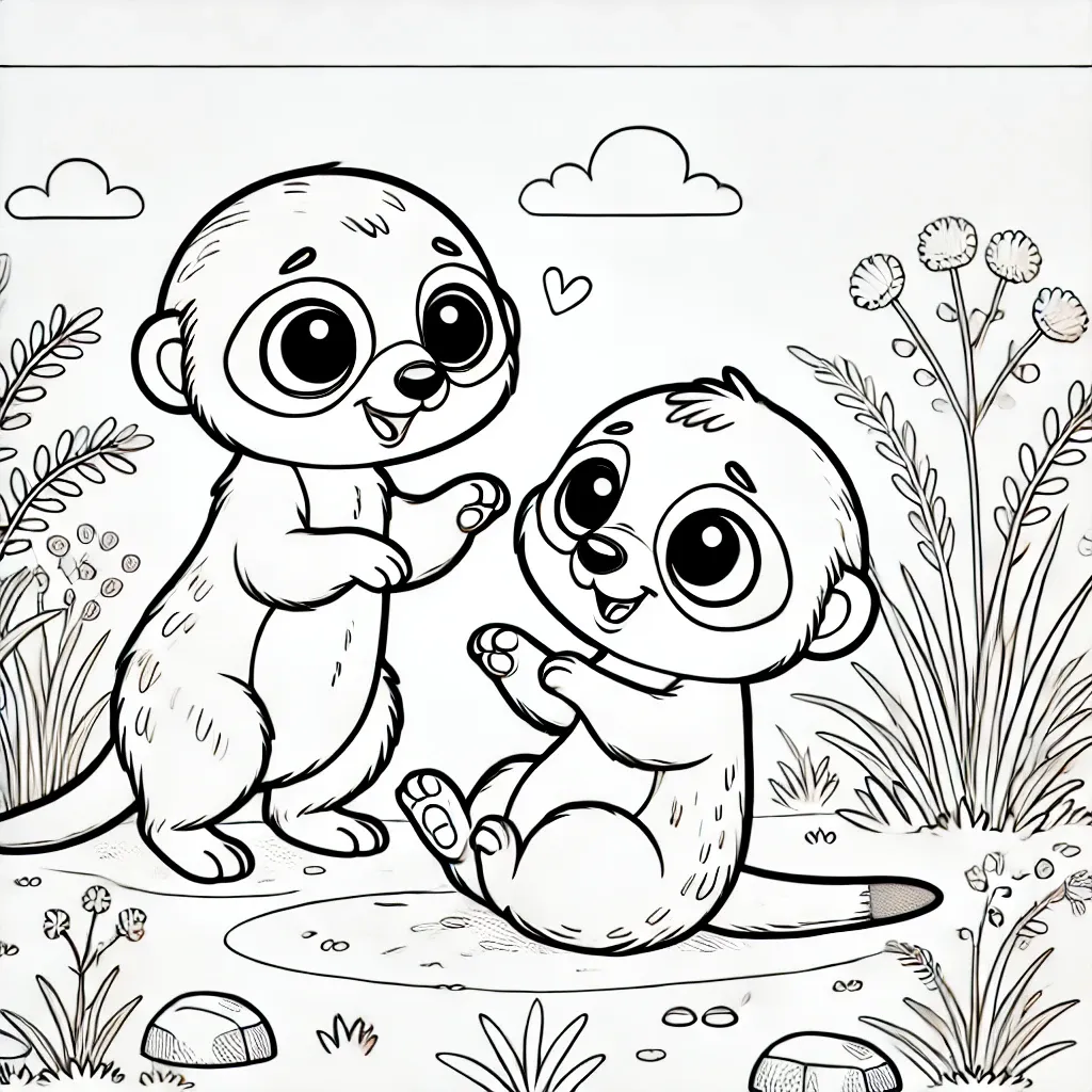 Zwei fröhliche Erdmännchen spielen in blühender Umgebung