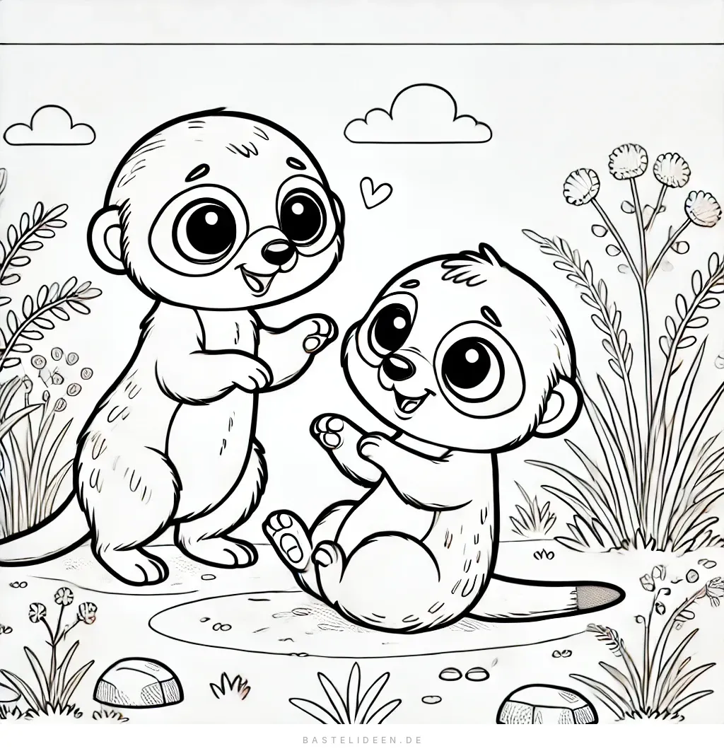 Zwei fröhliche Erdmännchen spielen in blühender Umgebung