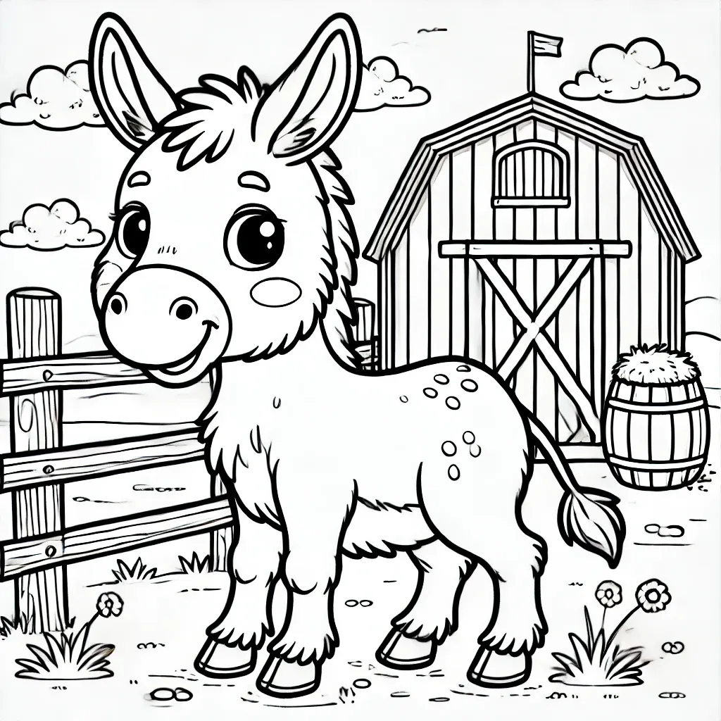 Glücklicher Esel vor Scheune mit Heuballen