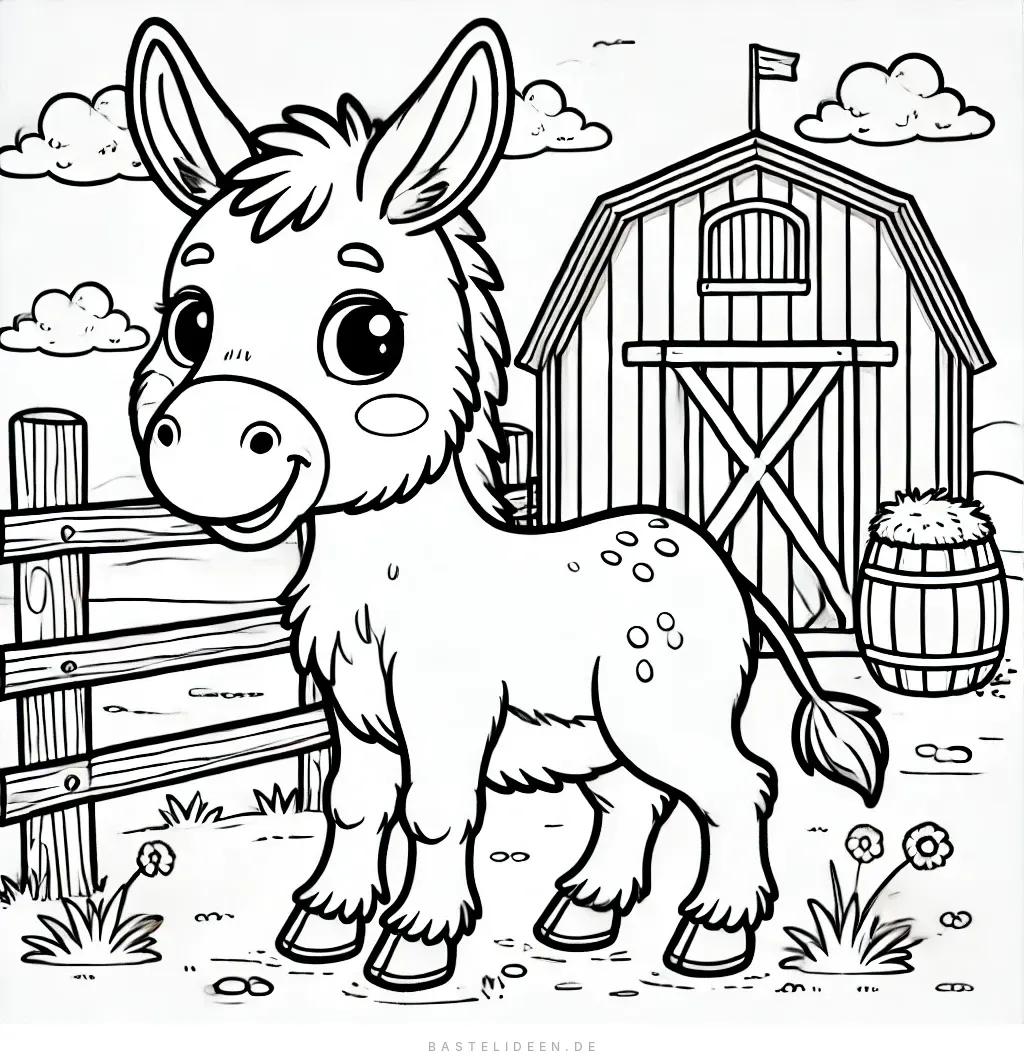 Glücklicher Esel vor Scheune mit Heuballen