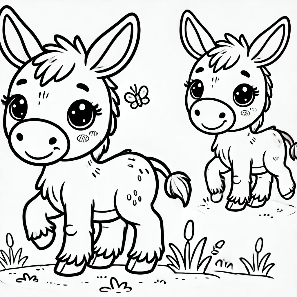 Zwei fröhliche kleine Esel mit großen Augen