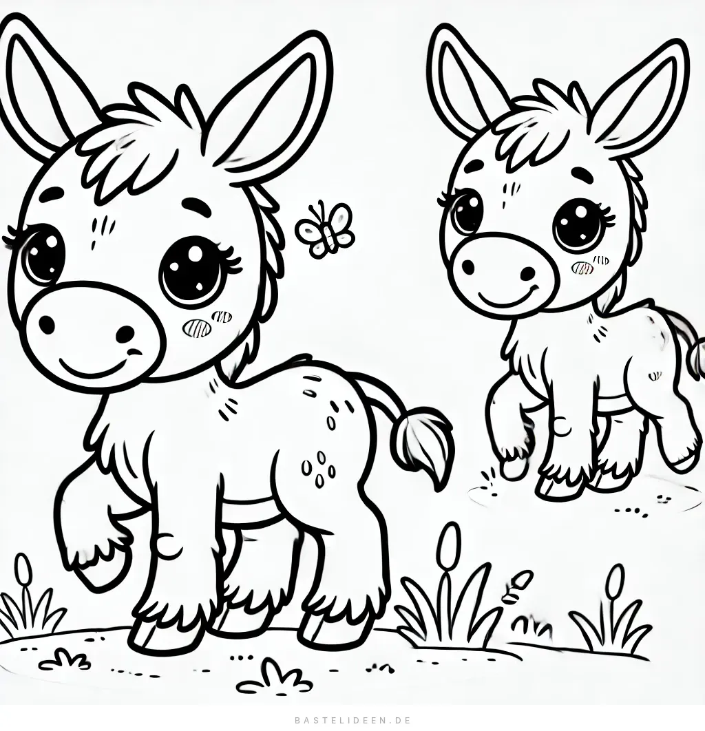 Zwei fröhliche kleine Esel mit großen Augen