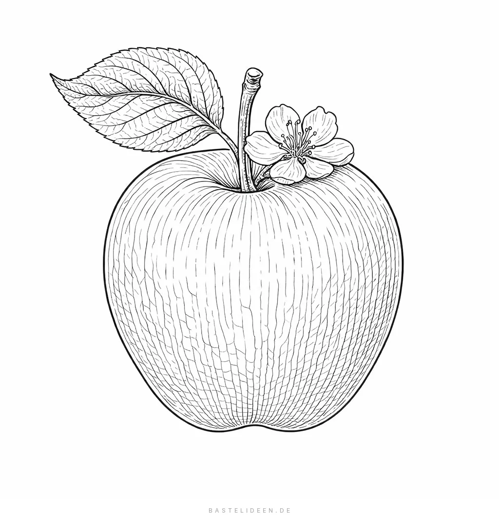 Detaillierter Apfel mit Stiel, Blattadern und kleiner Blüte