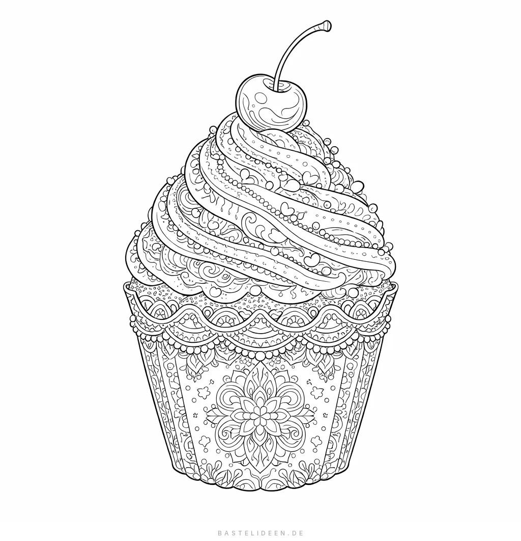 Aufwendig verzierter Cupcake mit Spiralen, Streuseln und Kirsche