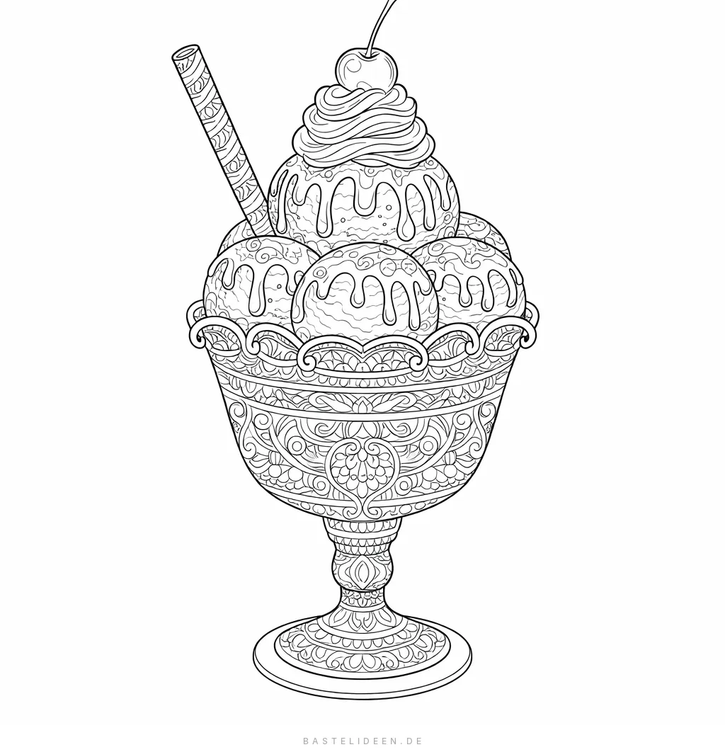 Elaborierter Eisbecher mit mehreren Kugeln, Sahne und Dekoration