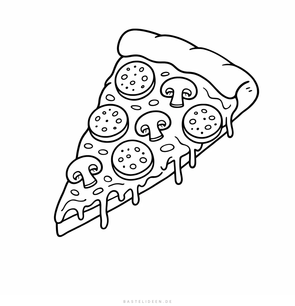 Pizzastück mit Pepperoni, Pilzen und Käsefäden
