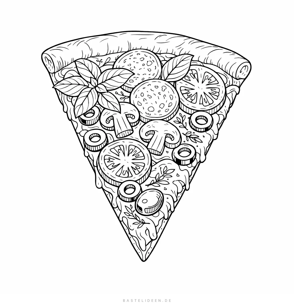Gourmet-Pizzastück mit Basilikum, Tomaten und detailliertem Belag