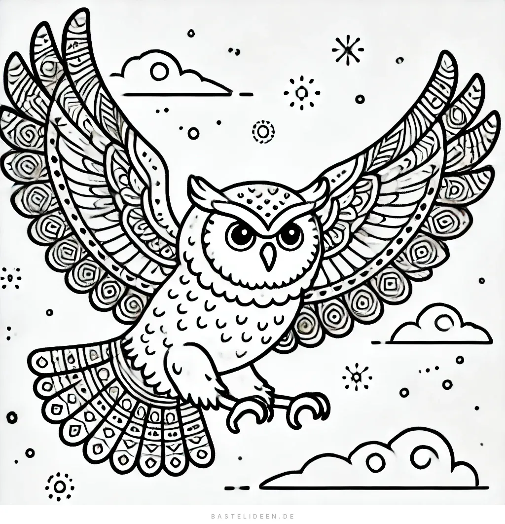 Eule fliegt mit ausgebreiteten Flügeln durch Wolken und Sterne