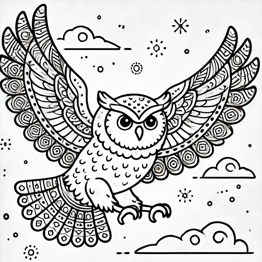 Eule fliegt mit ausgebreiteten Flügeln durch Wolken und Sterne