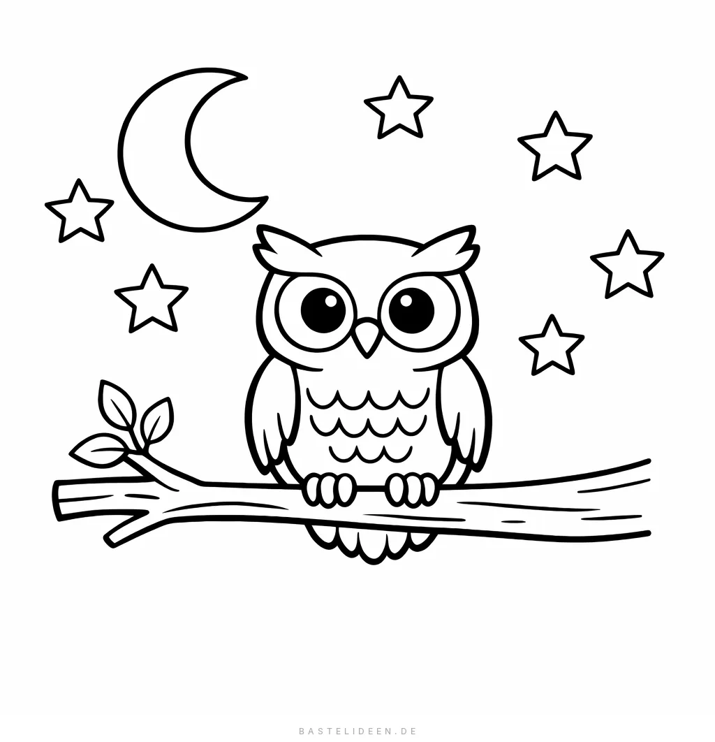 Eule sitzt auf Ast unter Mond und Sternen