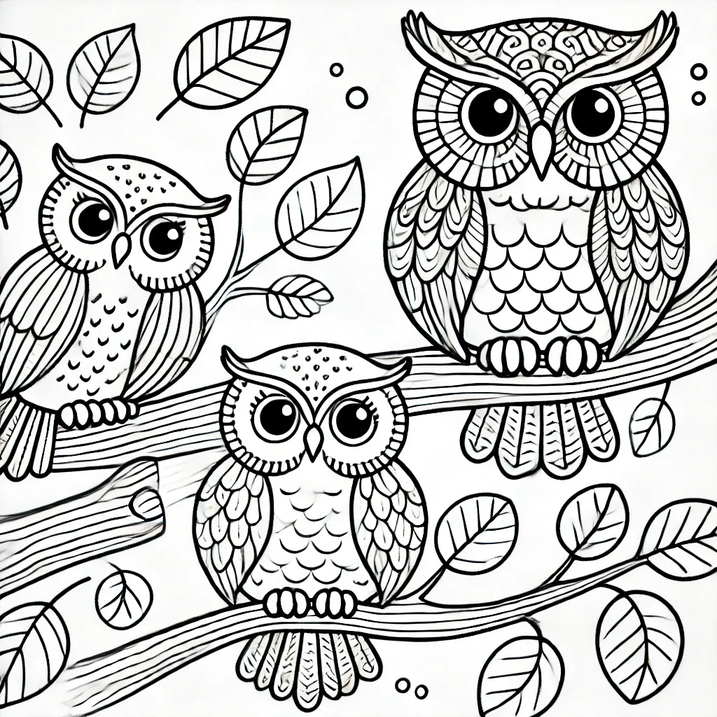 Drei kunstvoll gestaltete Eulen sitzen auf Ästen