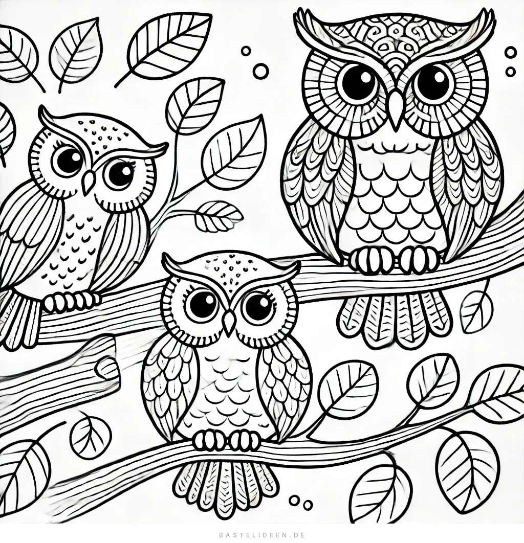 Drei kunstvoll gestaltete Eulen sitzen auf Ästen