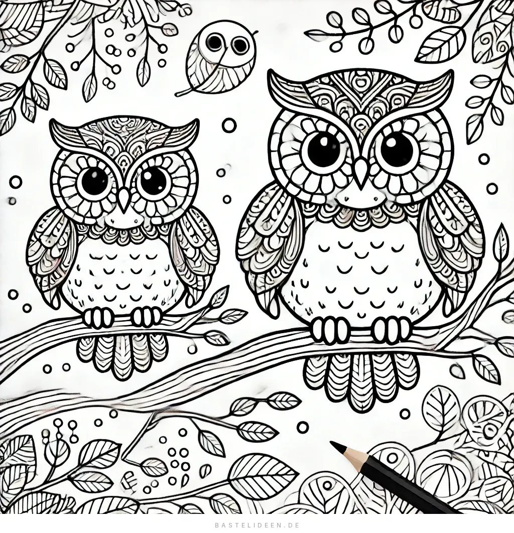 Zwei niedliche Eulen sitzen zusammen auf einem Ast