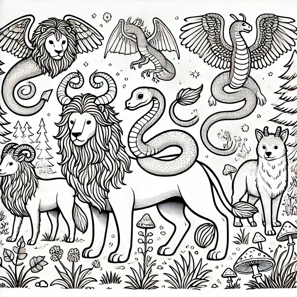 Löwe mit Hörnern und geflügelte Schlangen