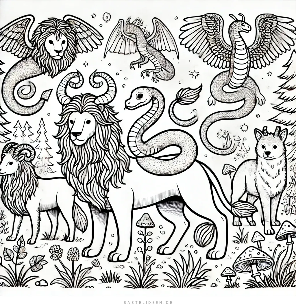 Löwe mit Hörnern und geflügelte Schlangen