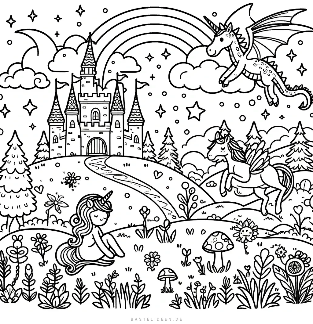 Schloss mit Regenbogen, Drachen und Einhorn