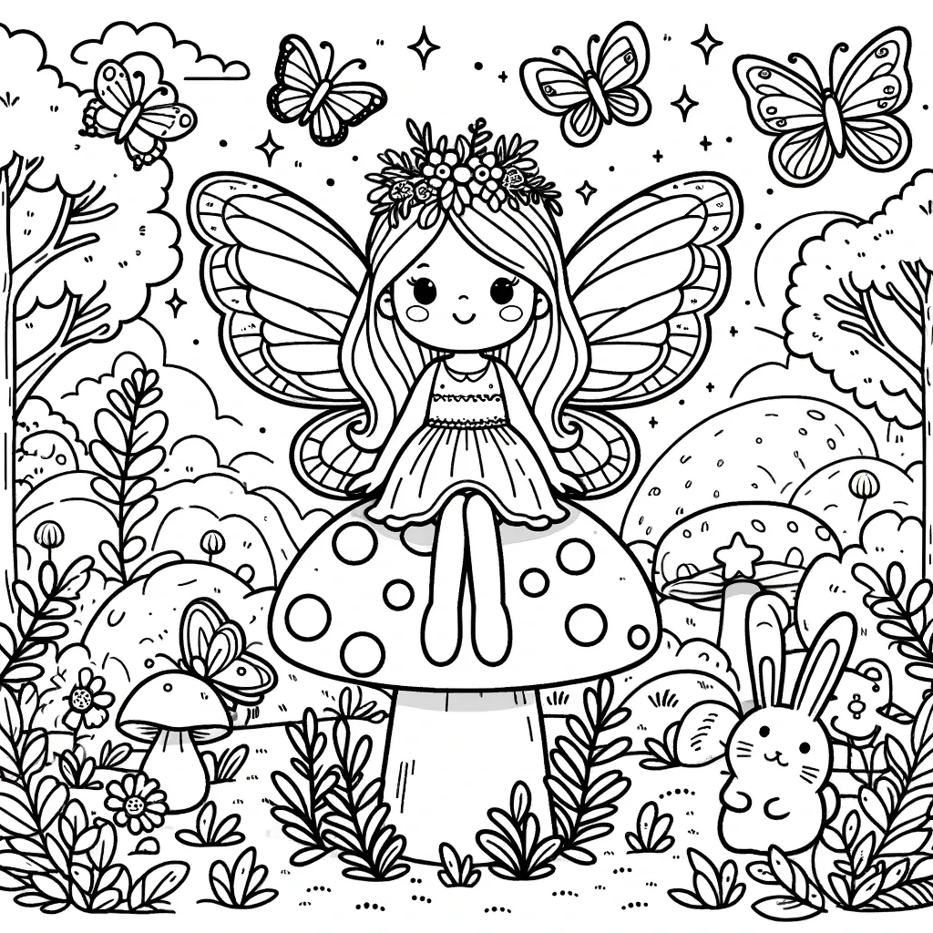 Niedliche Fee sitzt auf Pilz mit Schmetterlingen