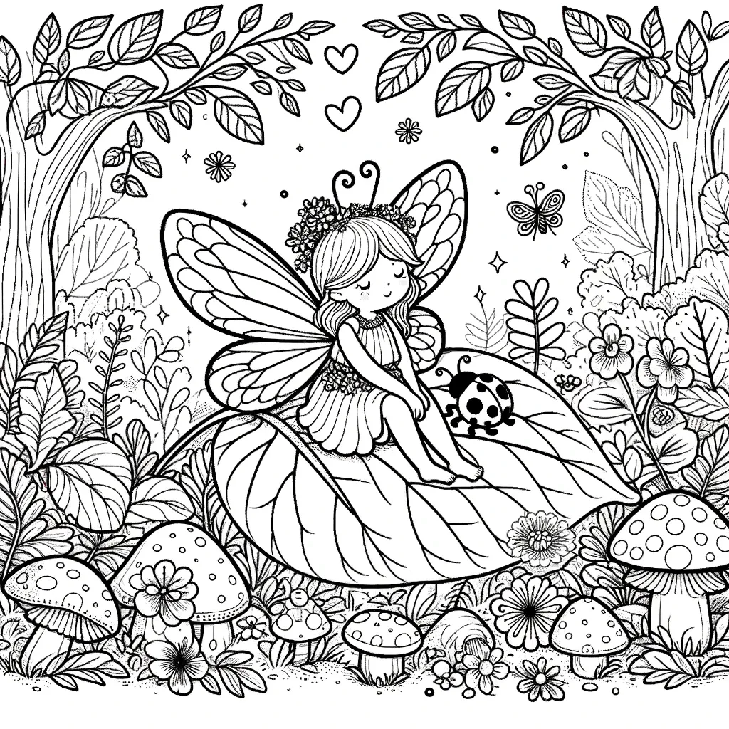 Friedliche Fee ruht auf Blatt mit Pilzen und Marienkäfer