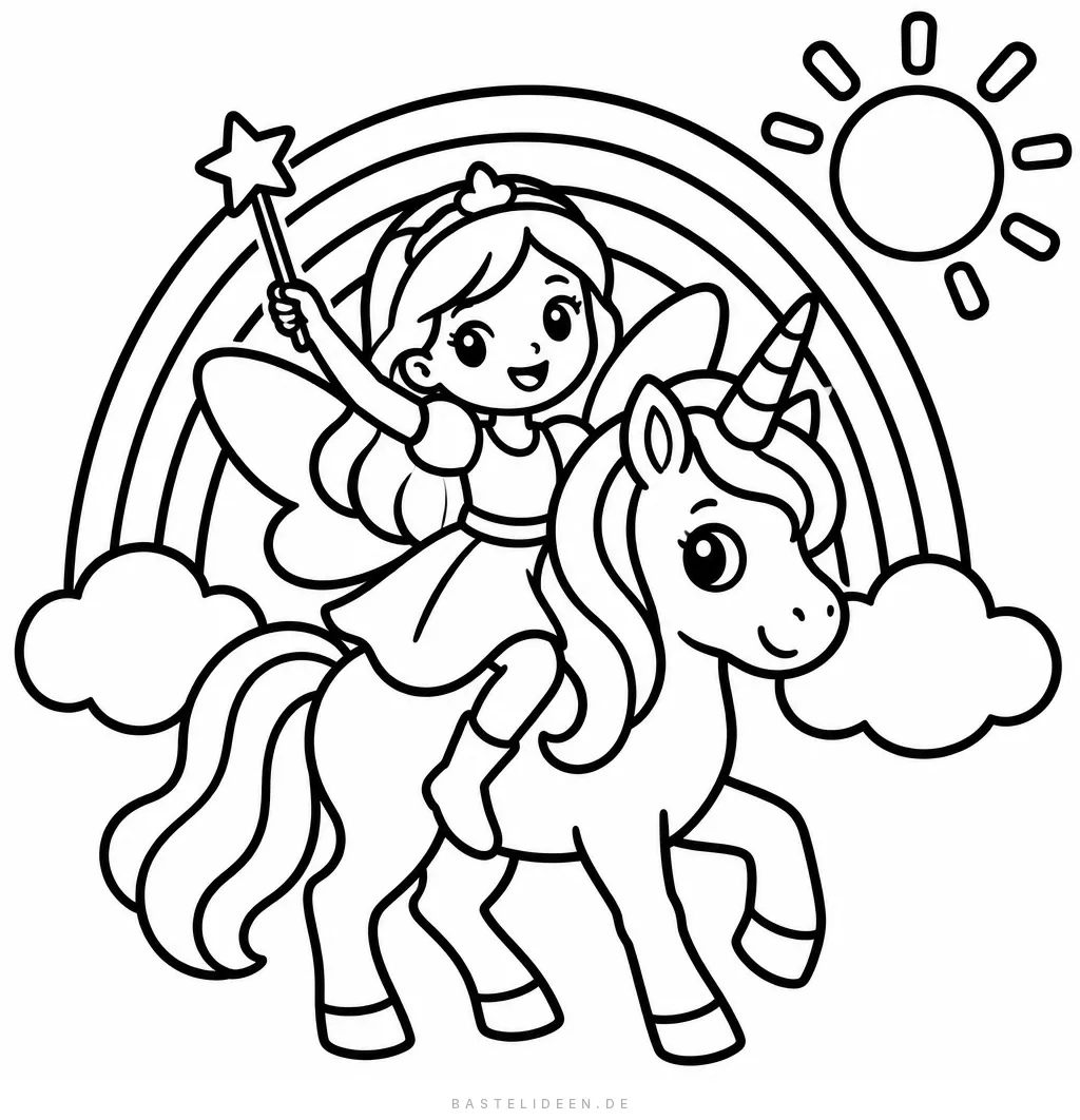 Fee mit Zauberstab reitet auf einem Einhorn vor Regenbogen und Sonne