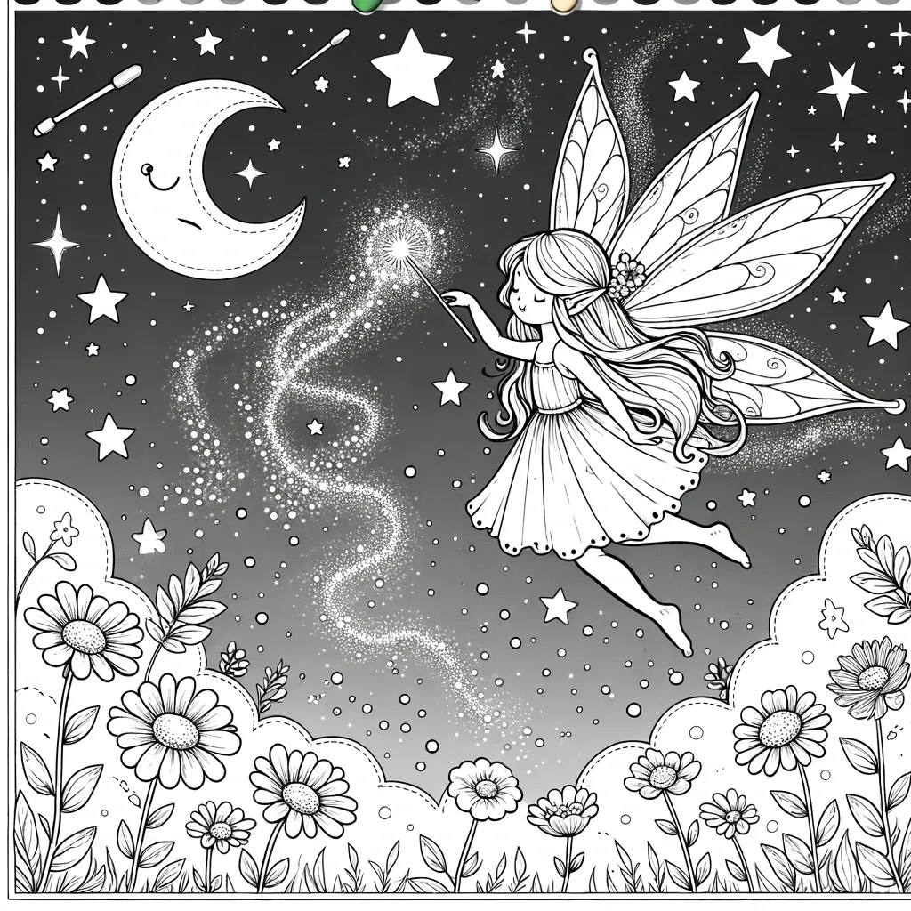 Anmutige Fee fliegt durch sternenklaren Himmel mit Zauberstab