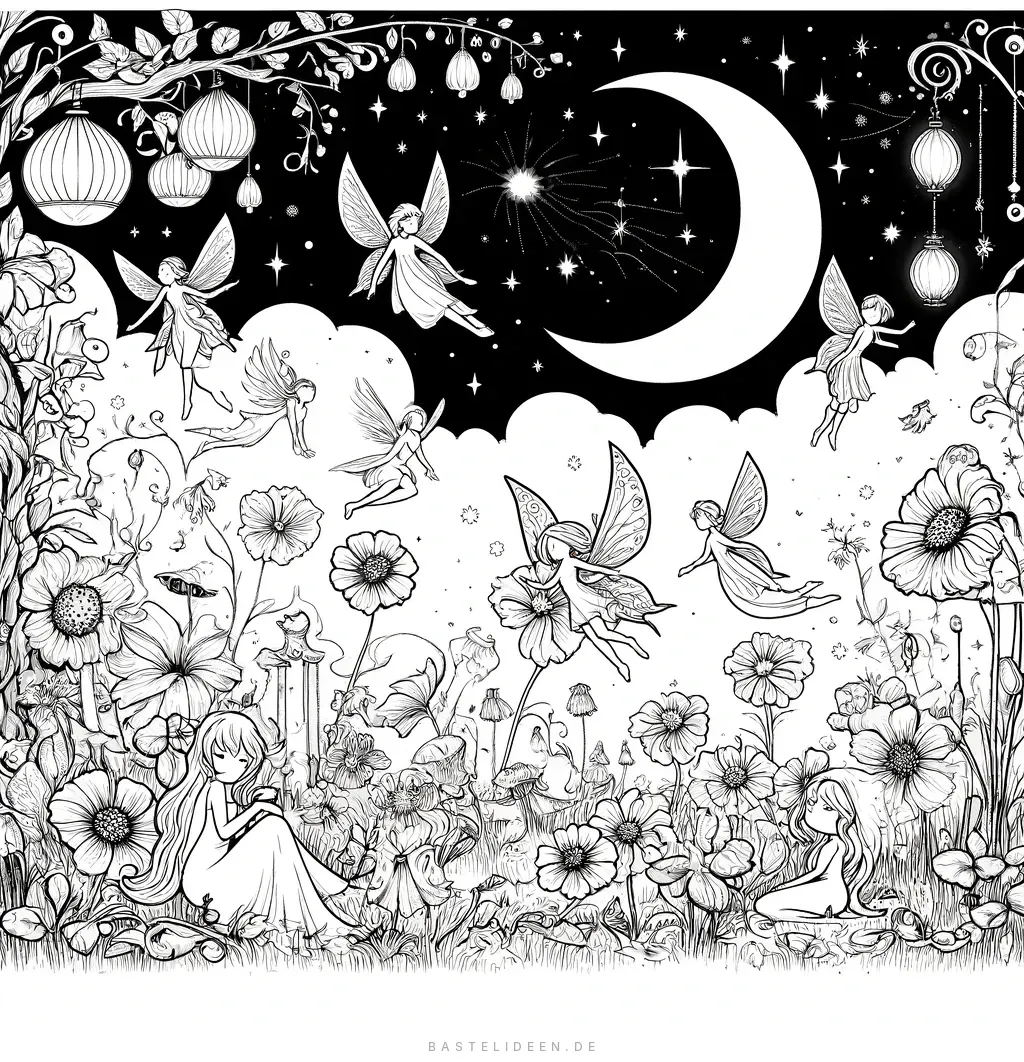 Feen tanzen im Blumengarten unter Halbmond und Sternen