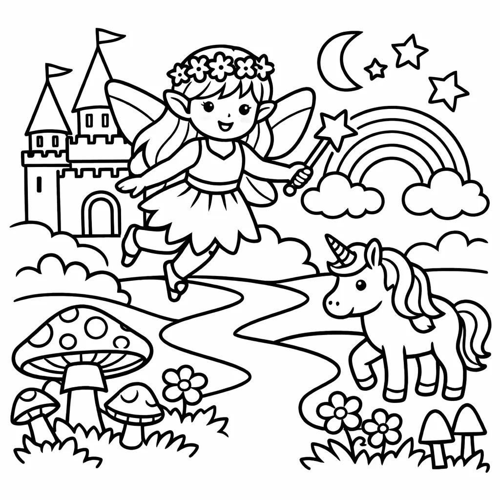 Fee mit Zauberstab fliegt durch ein magisches Land mit Schloss, Einhorn und Regenbogen