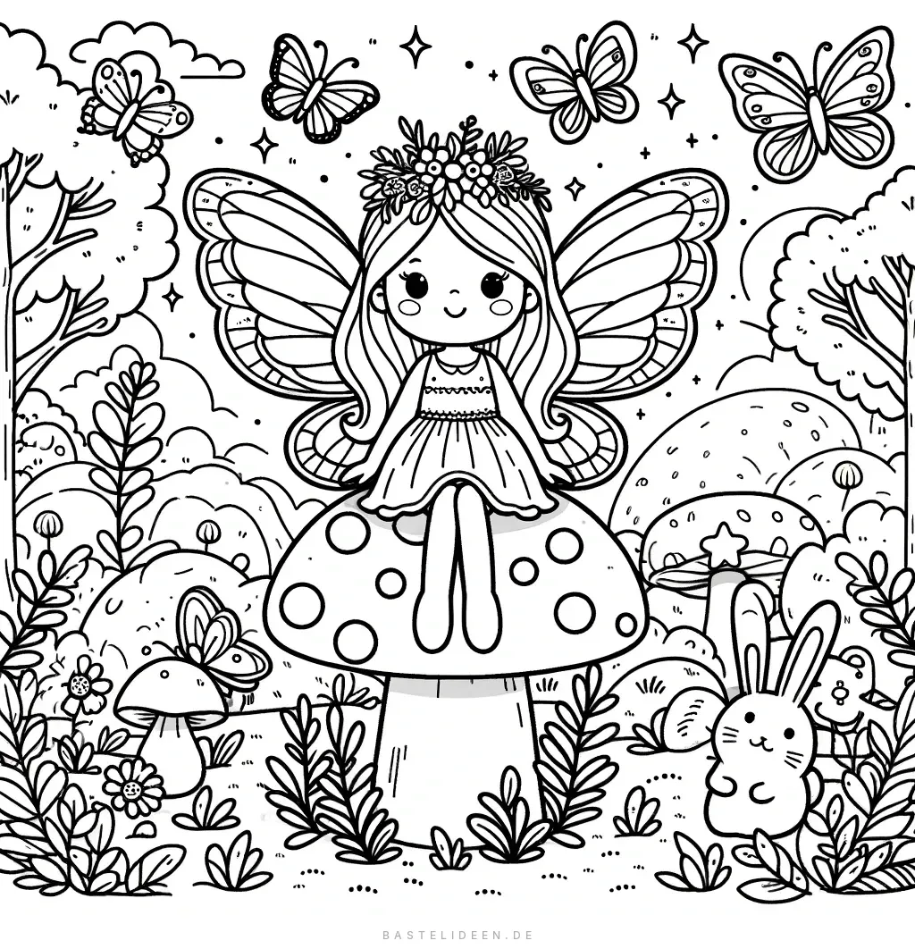 Niedliche Fee sitzt auf Pilz mit Schmetterlingen