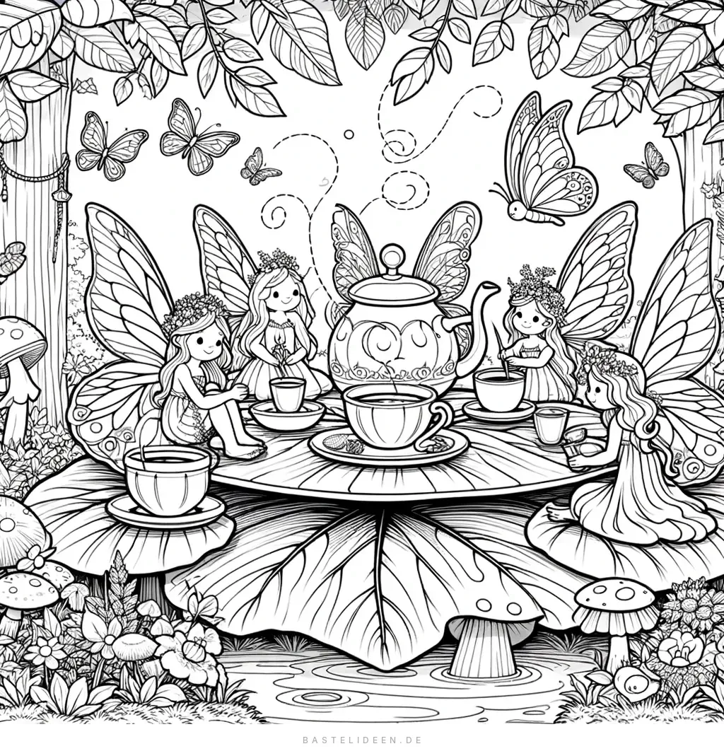 Feen versammelt um Blatttisch mit Teekanne und Tassen im Wald