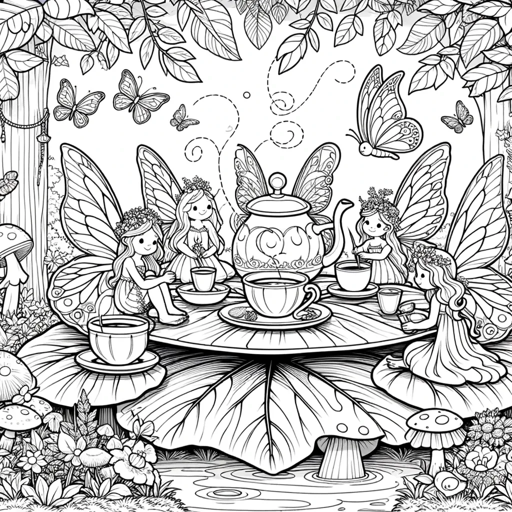 Feen versammelt um Blatttisch mit Teekanne und Tassen im Wald