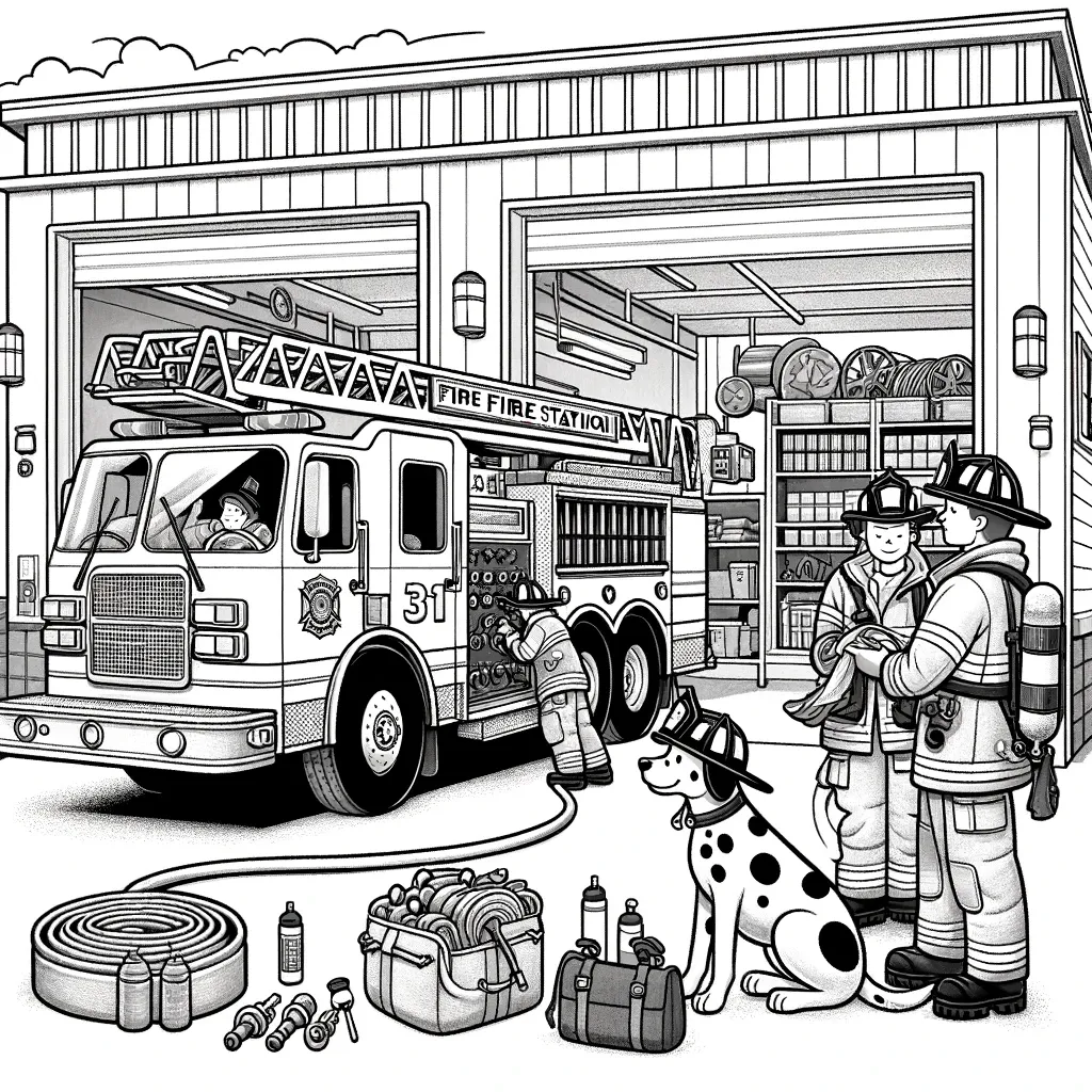 Feuerwache Garage mit Feuerwehrauto und Ausruestung